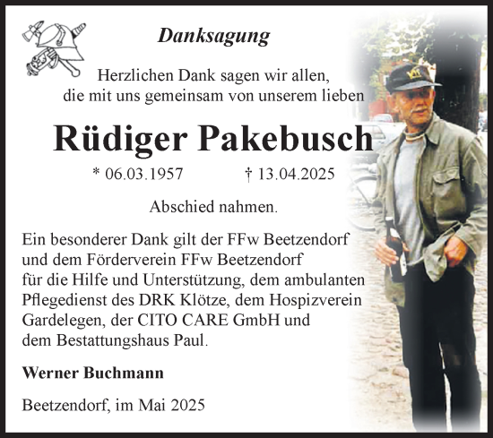 Traueranzeige von Rüdiger Pakebusch von Volksstimme Altmark West