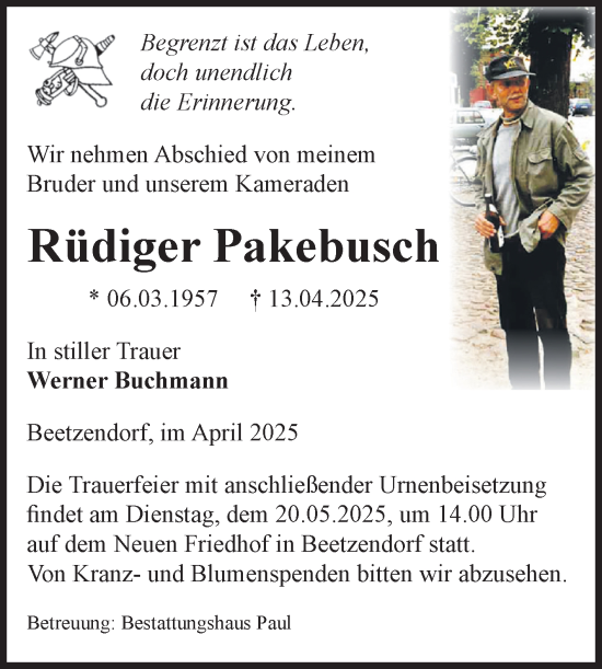 Traueranzeige von Rüdiger Pakebusch von Volksstimme Altmark West