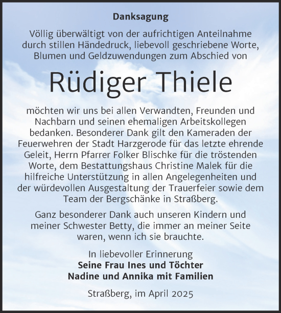 Traueranzeige von Rüdiger Thiele von Trauerkombi Quedlinburg