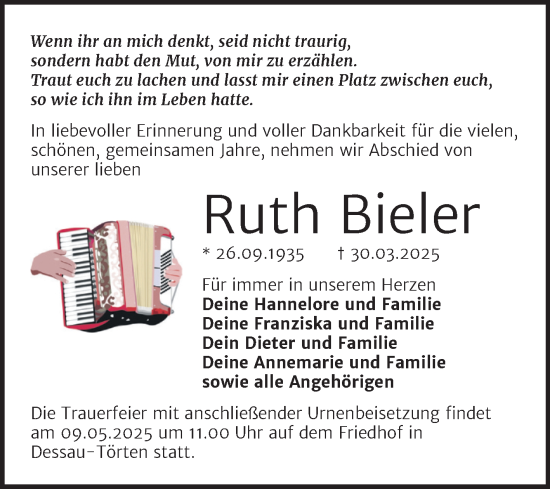 Traueranzeige von Ruth Bieler von Trauerkombi Dessau