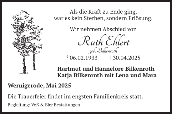 Traueranzeige von Ruth Ehlert von Volksstimme Wernigerode