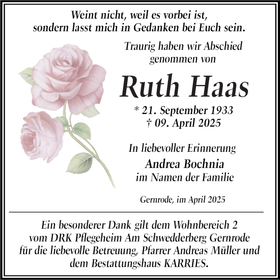Traueranzeige von Ruth Haas von Trauerkombi Quedlinburg