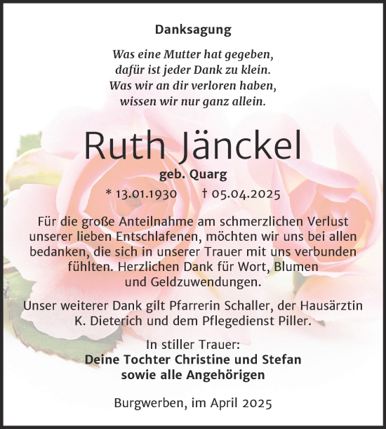 Traueranzeige von Ruth Jänckel von Trauerkombi Weißenfels