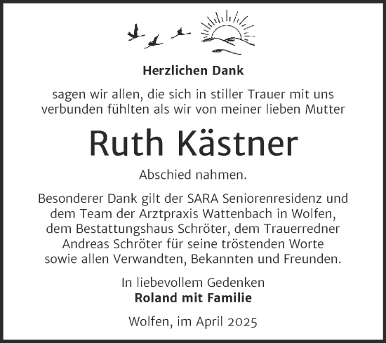 Traueranzeige von Ruth Kästner von Trauerkombi Bitterfeld
