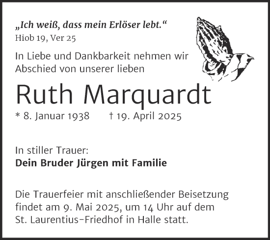 Traueranzeige von Ruth Marquardt von Mitteldeutsche Zeitung Halle/Saalkreis