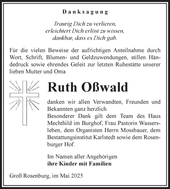 Traueranzeige von Ruth Oßwald von Volksstimme Schönebeck