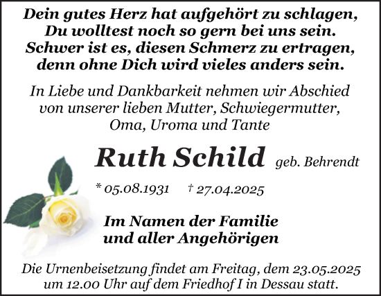 Traueranzeige von Ruth Schild von Trauerkombi Dessau