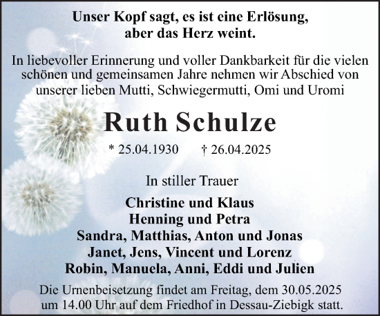 Traueranzeige von Ruth Schulze von Trauerkombi Dessau
