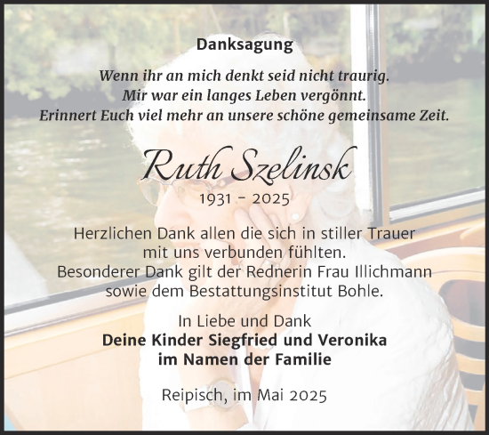 Traueranzeige von Ruth Szelinsk von Trauerkombi Merseburg
