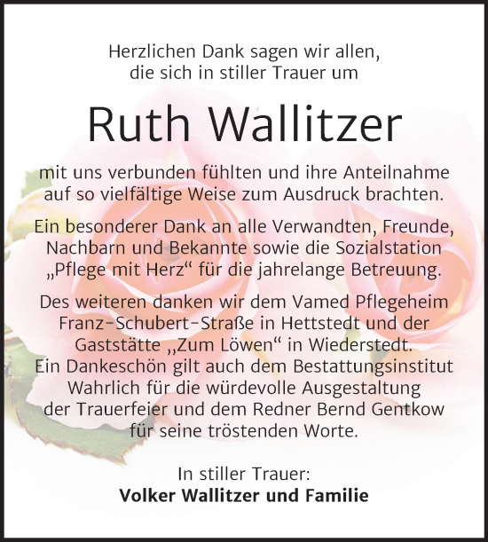 Traueranzeige von Ruth Wallitzer von Trauerkombi Mansfelder Land