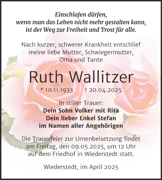 Traueranzeige von Ruth Wallitzer von Trauerkombi Mansfelder Land