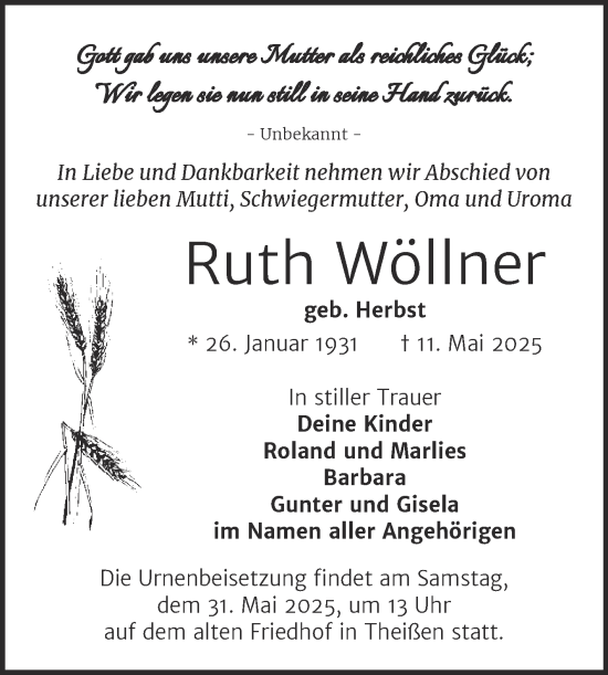 Traueranzeige von Ruth Wöllner von Trauerkombi Zeitz