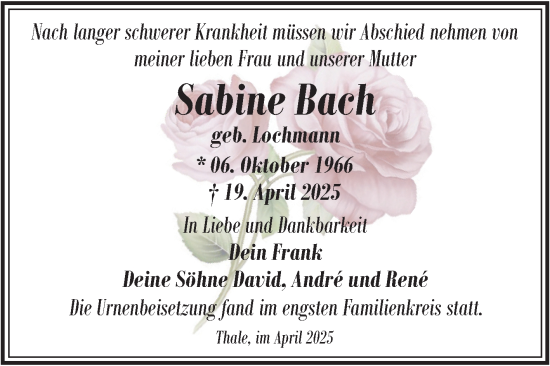 Traueranzeige von Sabine Bach von Trauerkombi Quedlinburg