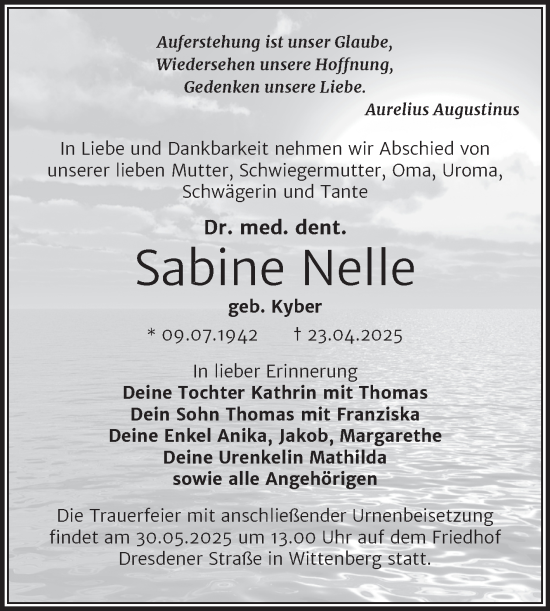 Traueranzeige von Sabine Nelle von Trauerkombi Wittenberg