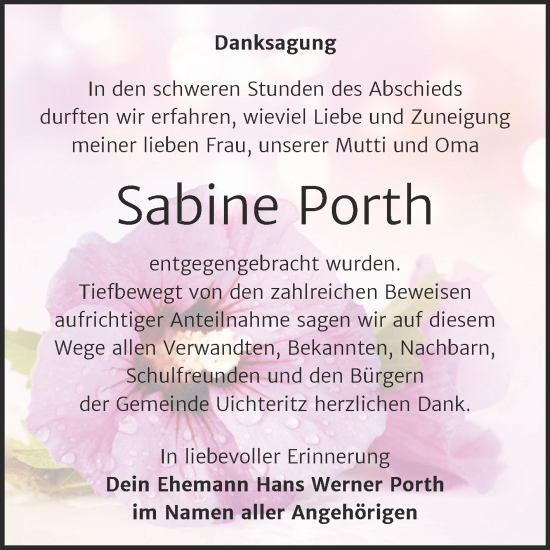 Traueranzeige von Sabine Porth von Trauerkombi Weißenfels