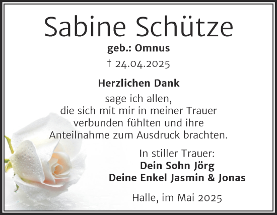 Traueranzeige von Sabine Schütze von Mitteldeutsche Zeitung Halle/Saalkreis