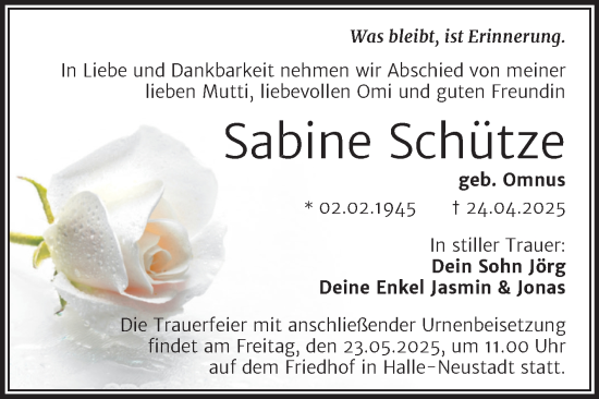 Traueranzeige von Sabine Schütze von Mitteldeutsche Zeitung Halle/Saalkreis