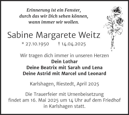 Traueranzeige von Sabine Margarete Weitz von Super Sonntag Sangerhausen