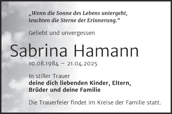 Traueranzeige von Sabrina Hamann von Trauerkombi Bernburg