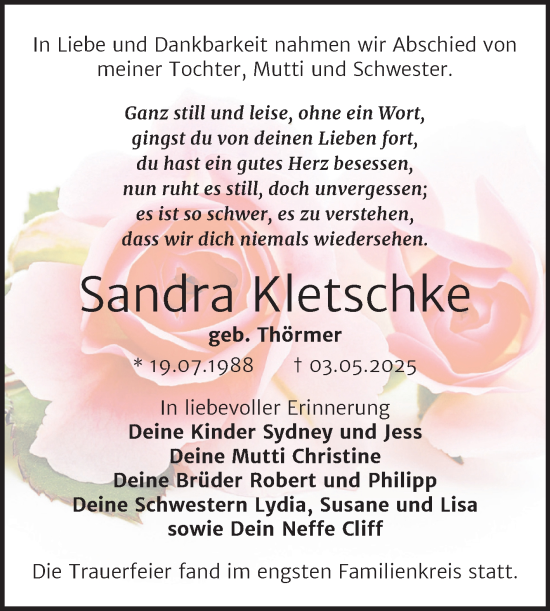 Traueranzeige von Sandra Kletschke von Trauerkombi Mansfelder Land