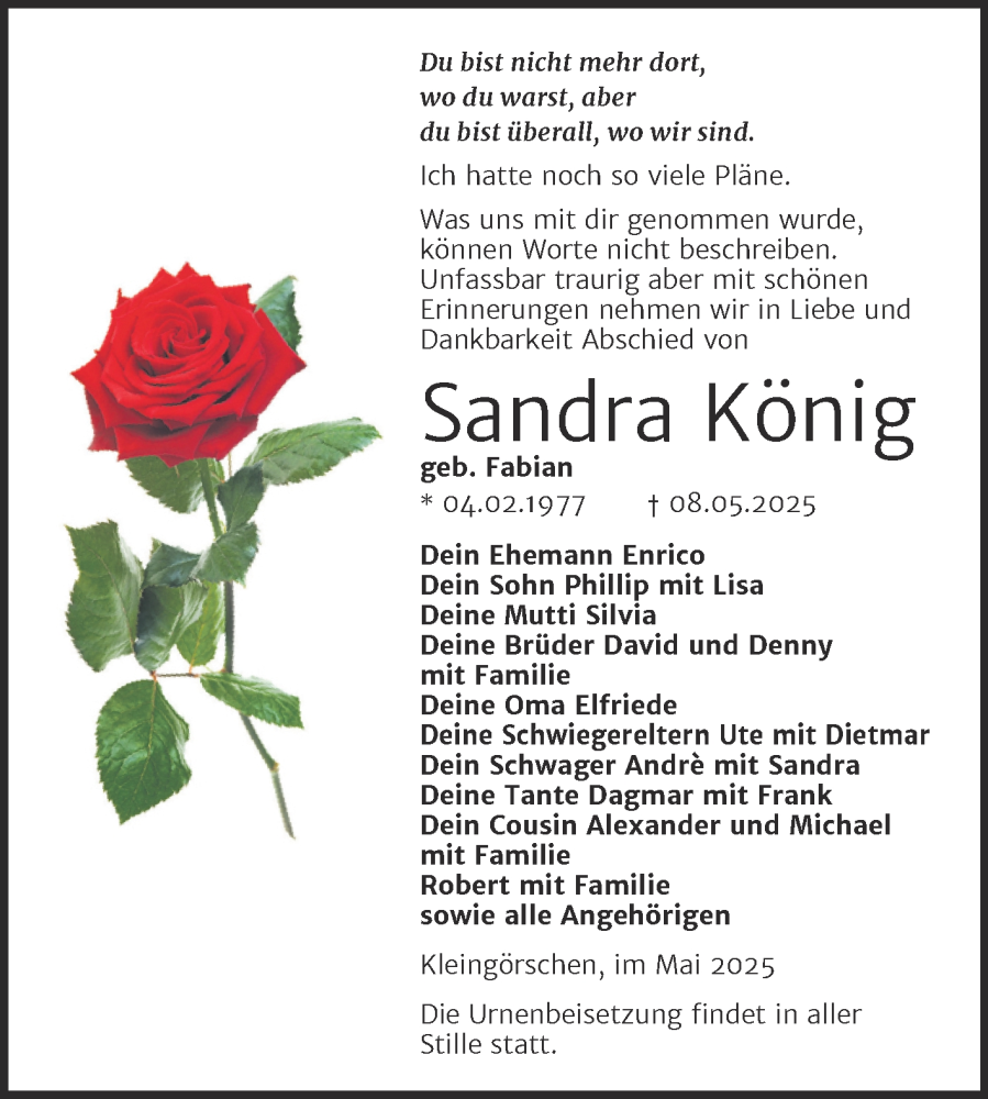  Traueranzeige für Sandra König vom 24.05.2025 aus Trauerkombi Weißenfels
