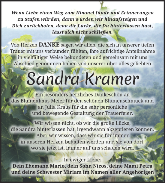 Traueranzeige von Sandra Kramer von Trauerkombi Weißenfels