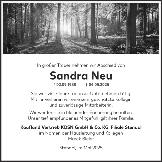 Traueranzeige von Sandra Neu von Volksstimme Altmark Ost