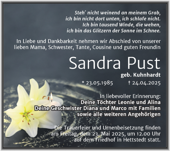 Traueranzeige von Sandra Pust von Trauerkombi Mansfelder Land