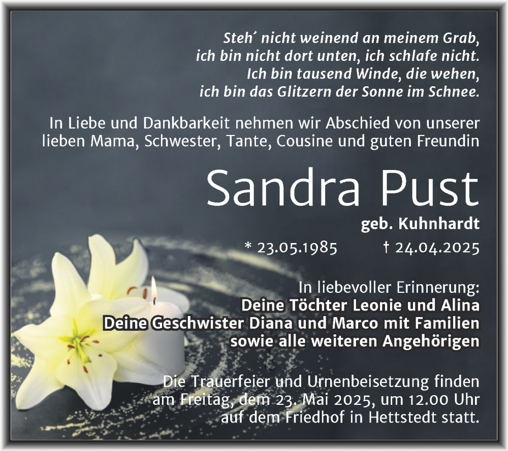  Traueranzeige für Sandra Pust vom 07.05.2025 aus Trauerkombi Mansfelder Land