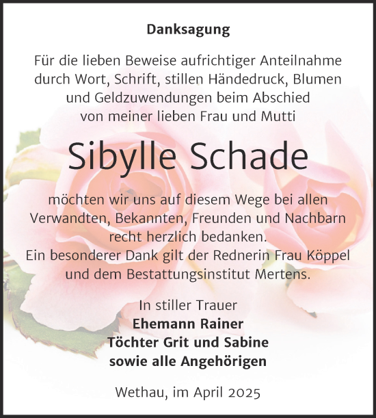Traueranzeige von Sibylle Schade von Super Sonntag Naumburg/Nebra