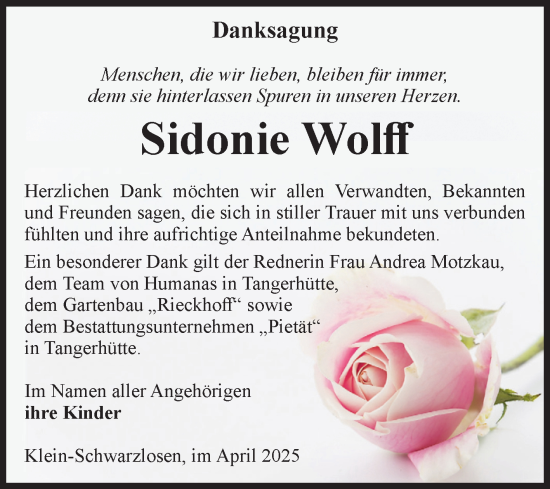Traueranzeige von Sidonie Wolff von Volksstimme Altmark Ost