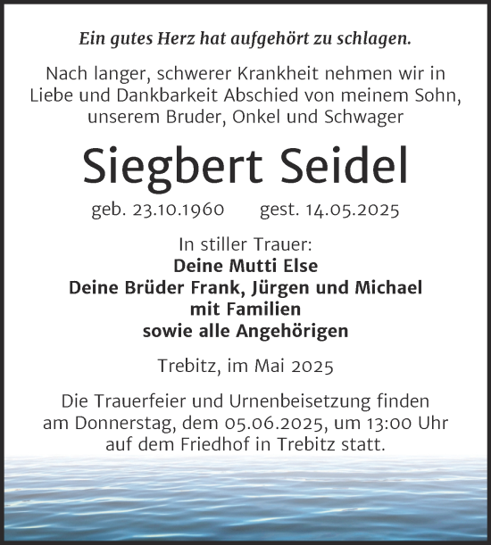 Traueranzeige von Siegbert Seidel von Trauerkombi Wittenberg