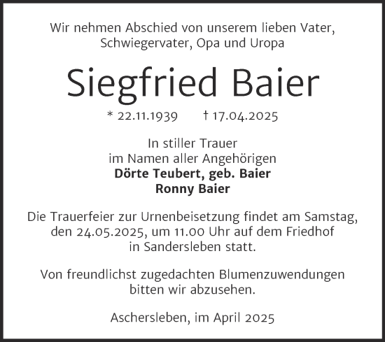 Traueranzeige von Siegfried Baier von Trauerkombi Aschersleben