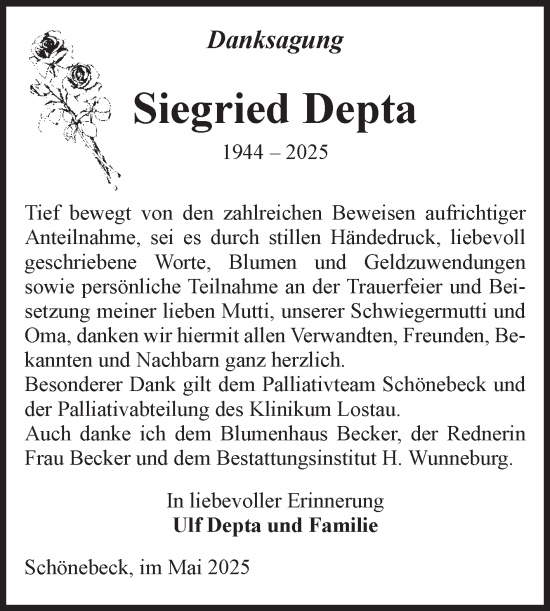 Traueranzeige von Siegfried Depta von Volksstimme Schönebeck