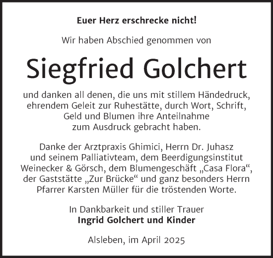 Traueranzeige von Siegfried Golchert von Trauerkombi Bernburg