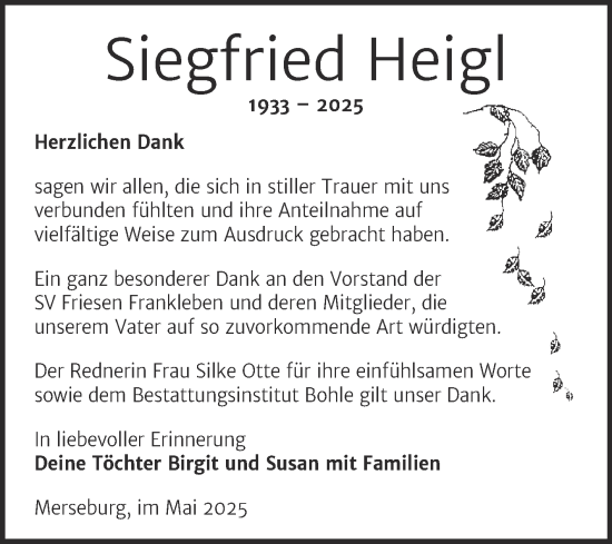 Traueranzeige von Siegfried Heigl von Trauerkombi Merseburg