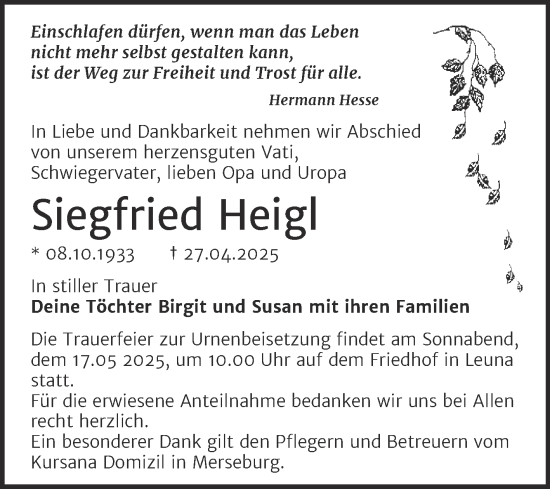 Traueranzeige von Siegfried Heigl von Trauerkombi Merseburg