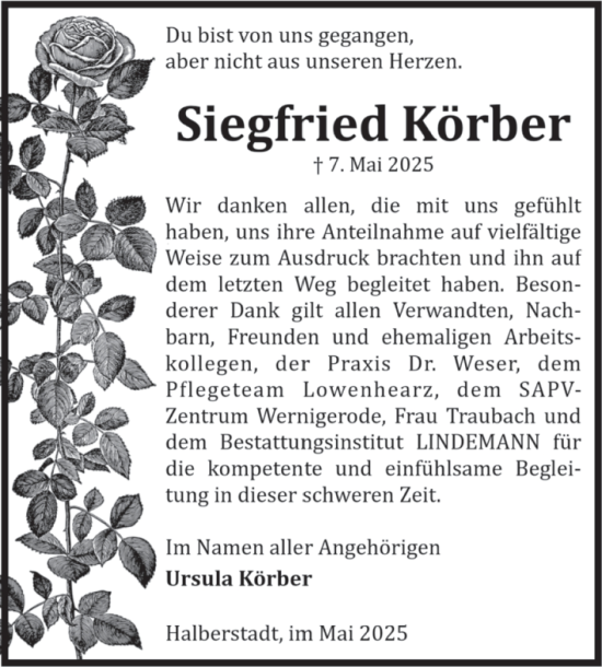 Traueranzeige von Siegfried Körber von Volksstimme Halberstadt
