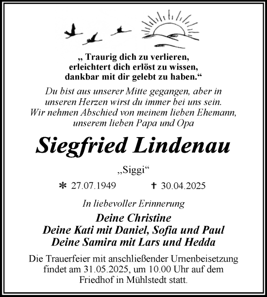 Traueranzeige von Siegfried Lindenau von Trauerkombi Dessau