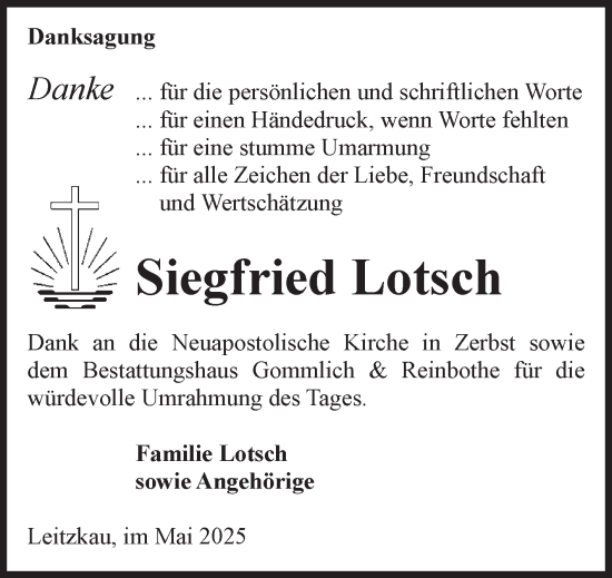 Traueranzeige von Siegfried Lotsch von Volksstimme Burg/Genthin