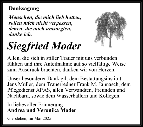 Traueranzeige von Siegfried Moder von Trauerkombi Aschersleben