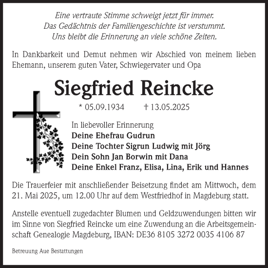 Traueranzeige von Siegfried Reincke von Volksstimme Magdeburg