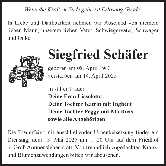 Traueranzeige von Siegfried Schäfer von Volksstimme Haldensleben/Wolmirstedt