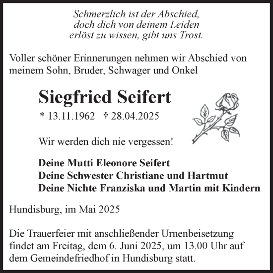 Traueranzeige von Siegfried Seifert von Volksstimme Haldensleben/Wolmirstedt