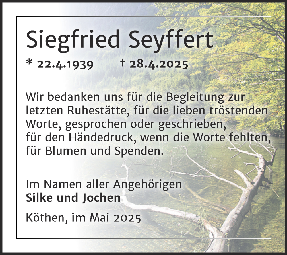  Traueranzeige für Siegfried Seyffert vom 31.05.2025 aus Trauerkombi Köthen