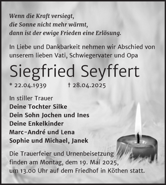 Traueranzeige von Siegfried Seyffert von Trauerkombi Köthen