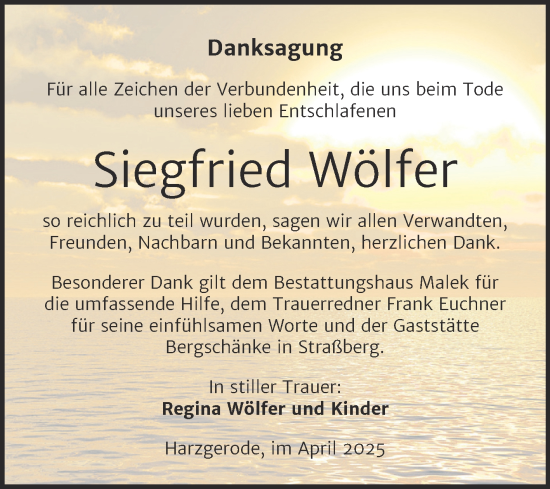 Traueranzeige von Siegfried Wölfer von Trauerkombi Quedlinburg