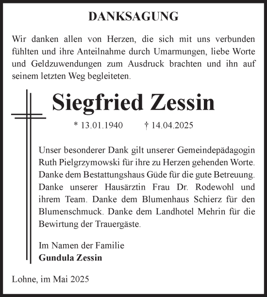 Traueranzeige von Siegfried Zessin von Volksstimme Altmark West