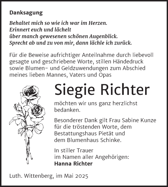 Traueranzeige von Siegie Richter von Trauerkombi Wittenberg