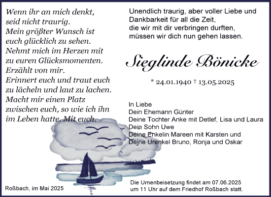 Traueranzeige von Sieglinde Bönicke von Trauerkombi Merseburg